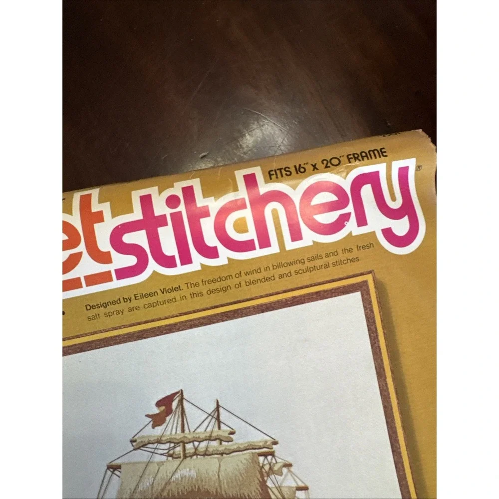 Vintage 70s Sunset Stitchery Crewel Embroidery Kit Boat Ship Nautical Large